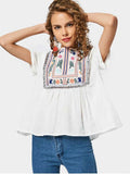 Fun Curled Sleeve Embroidered Tassels Blouse