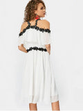 Cheap Lace Trim Cold Shoulder A Line Dress