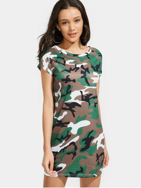 Cheap Round Collar Camouflage Shift Dress