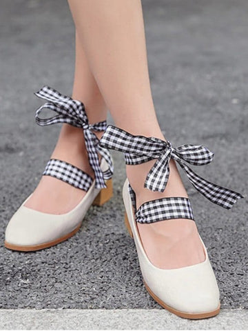 Fashion Square Toe Block Heel Tie Up Pumps