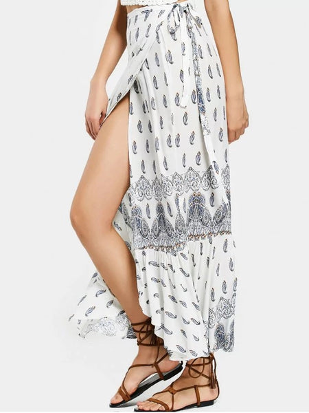 Trendy Printed Asymmetrical Wrap Maxi Skirt