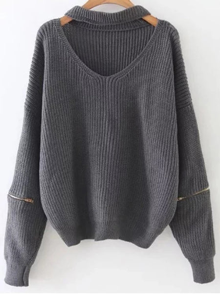 Trendy Zipped Oversized Choker Neck Sweater