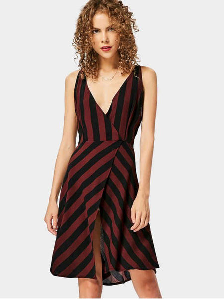 Cute Plunging Neck Slit Striped Dress