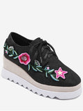 Trendy Denim Tie Up Embroidered Wedge Shoes