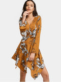 Cheap Floral Print Belted Asymmetric Dress