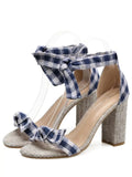 Trendy Bowknot Block Heel Plaid Pattern Sandals