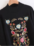Trendy Mock Neck Flare Sleeve Floral Embroidered Sweater