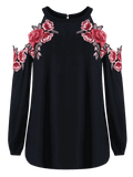 Trendy Embroidery Applique Cold Shoulder Top