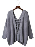 Pretty Loose Back Lace Up Plunge Neck Sweater