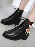 Trendy Embroidery Faux Leather Tie Up Ankle Boots