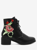 Trendy Embroidery Faux Leather Tie Up Ankle Boots