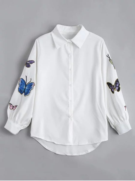 Fashion Butterfly Embroidered Casual Puff Sleeve Blouse