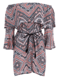Stunning Tribal Print Flounce Flare Sleeve Belted Dress