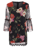 Print V Neck Flare Sleeve Flower Shift Dress
