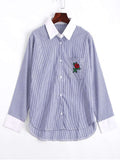 Cute Rose Embroidered Stripes High Low Shirt