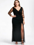 Fashion Plus Size Ruched Sheer Formal Dress