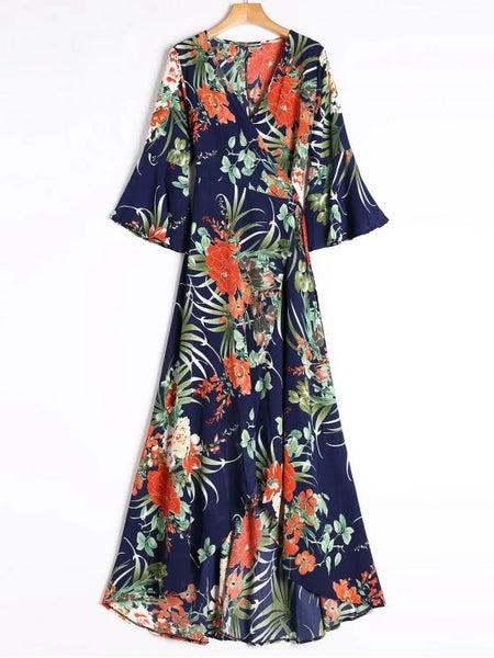 Stunning Slit Tropical Print Maxi Wrap Dress