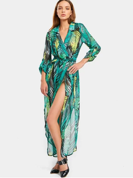 Fun Leaves Print High Slit Belted Asymmetric Dress