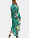Fun Leaves Print High Slit Belted Asymmetric Dress
