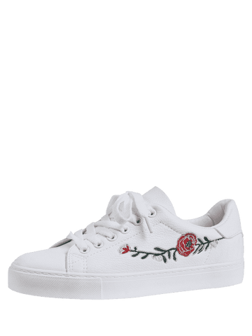 Trendy Faux Leather Flower Embroidery Athletic Shoes