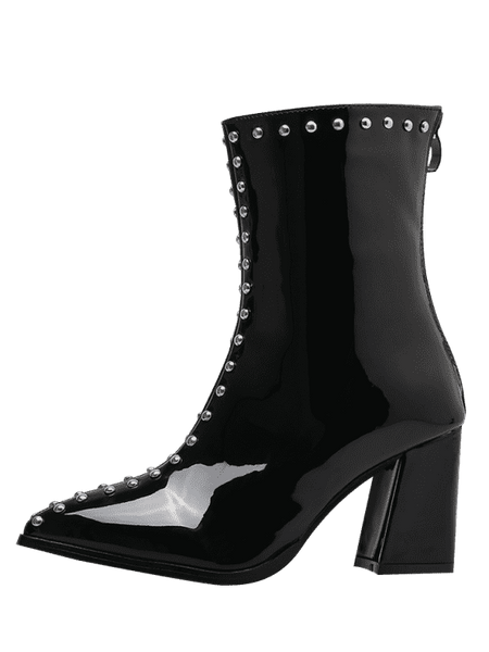 Fashion Stud Patent Leather Pointed Toe Ankle Boots
