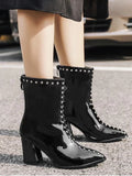 Fashion Stud Patent Leather Pointed Toe Ankle Boots