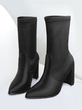 Trendy Pointed Toe Satin Chunky Heel Boots
