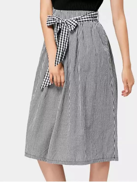 Chic Belted Checked Midi A Line Skirt