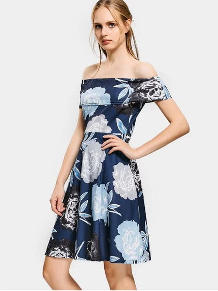 Fun Floral Print Off The Shoulder Flare Dress