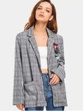 Trendy Checked Floral Applique Embroidered Blazer