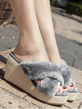 Fashion Faux Fur Criss Cross Wedge Heel Slippers