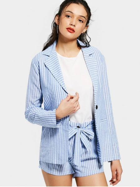Cute Striped Pockets Blazer and Belted Shorts Set