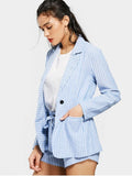 Cute Striped Pockets Blazer and Belted Shorts Set