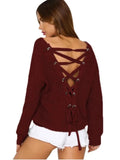 Fun Back Lace Up V Neck Pullover Sweater