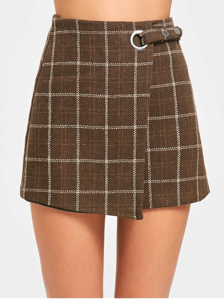Fashion High Waist Embellished Checked Mini Skirt