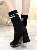 Trendy Letter Pointed Toe Chunky Mid Calf Boots
