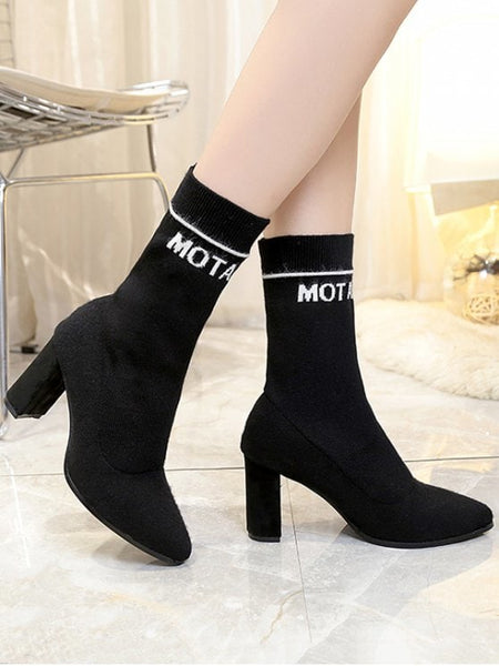 Trendy Letter Pointed Toe Chunky Mid Calf Boots