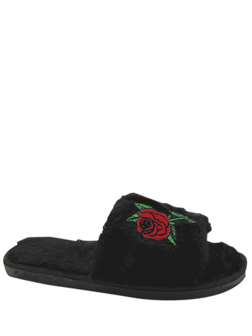 Trendy Faux Fur Embroidery Flower Open Toe Slippers