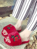 Trendy Faux Fur Embroidery Flower Open Toe Slippers