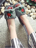Trendy Faux Fur Embroidery Flower Open Toe Slippers
