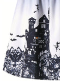 Chic Halloween Castle Print Ombre Swing Skirt