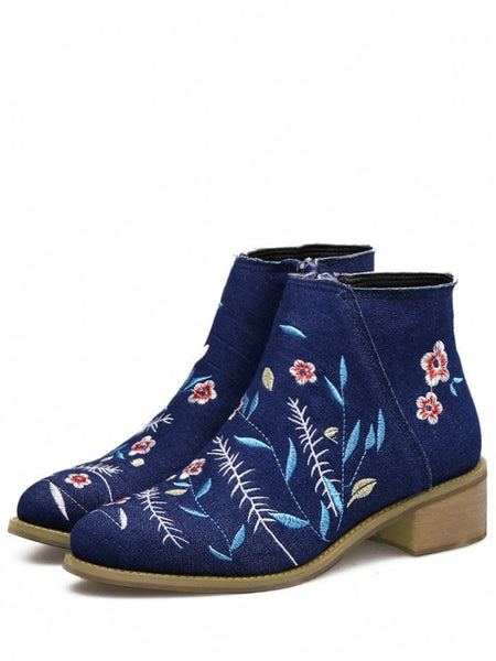Trendy Embroidery Floral Denim Ankle Boots