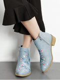 Trendy Embroidery Floral Denim Ankle Boots