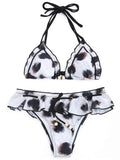 Trendy Frilled Printed Halter Bikini Set
