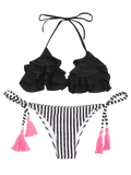 Trendy Striped Ruffles Bathing Suit