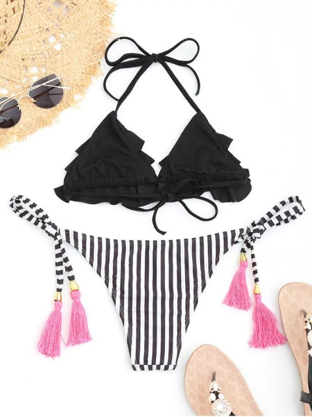 Trendy Striped Ruffles Bathing Suit