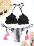 Trendy Striped Ruffles Bathing Suit