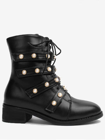 Trendy Front Tie Faux Pearl Accent Ankle Boots