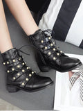 Trendy Front Tie Faux Pearl Accent Ankle Boots