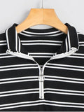 Unique High Neck Half Zip Striped Knitted Top
